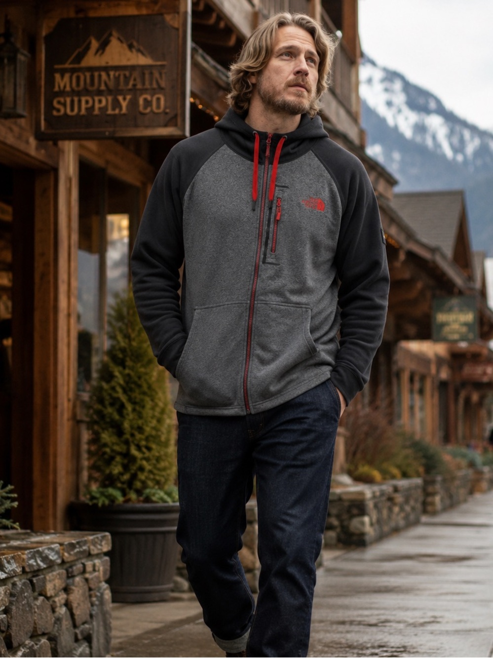 North Face Red Color Block Full Zip Jacket With Hood Gray Gorpcore | Size 2XL